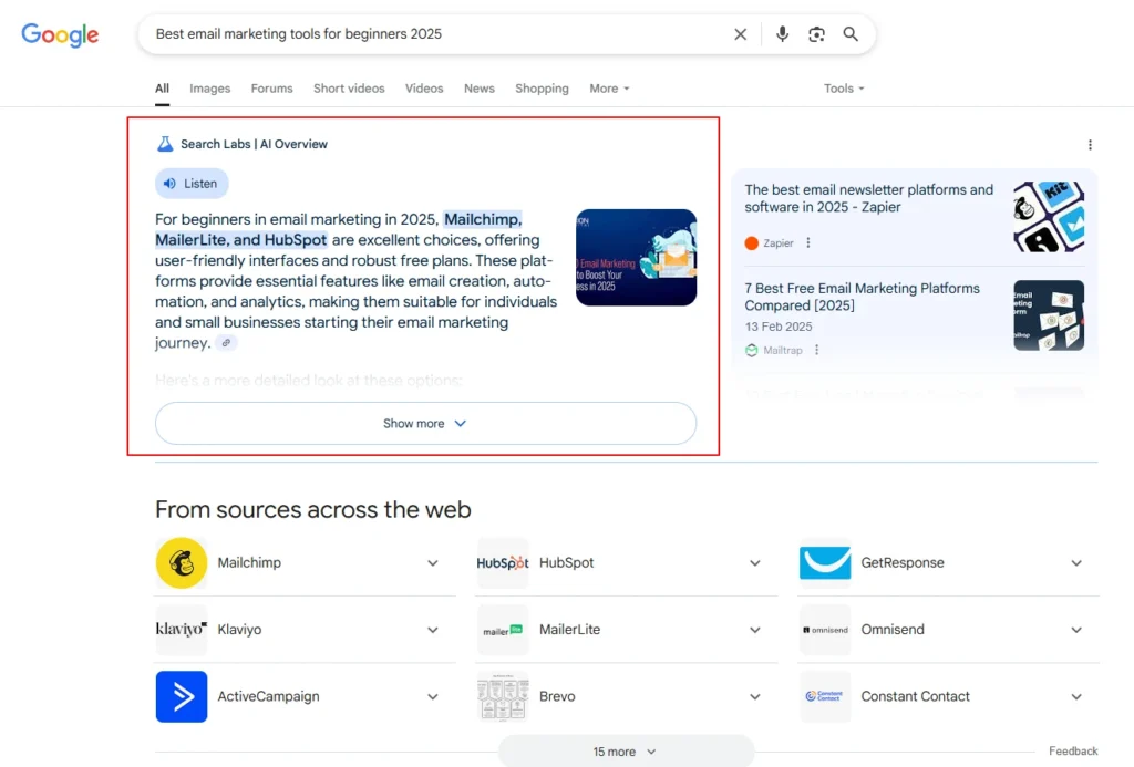 Google SGE AI sreenshot showing AI-generated answers