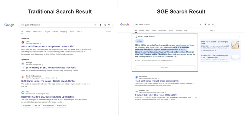 Traditional search vs SGE search results layout