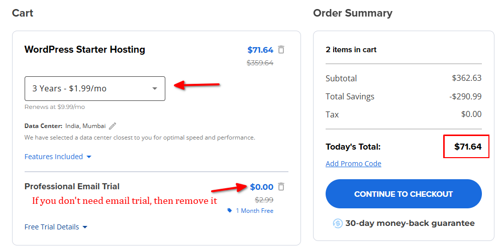Bluehost Final Discounted Price at Checkout