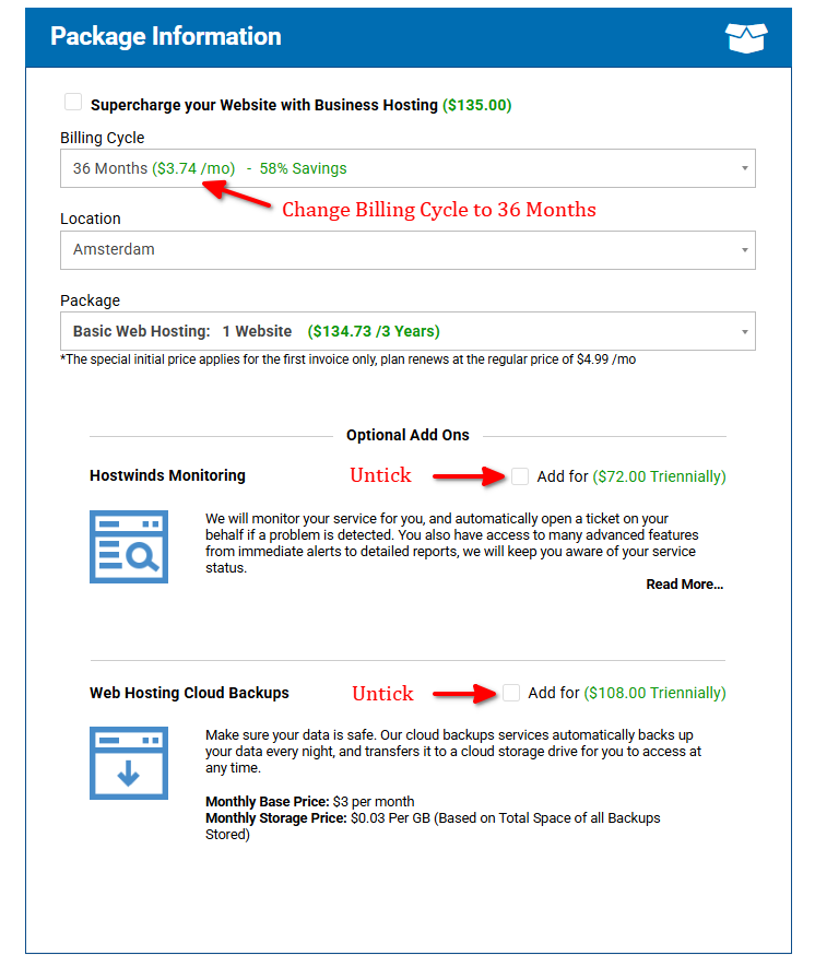 Change billing cycle to 36 months - Hostwind Hosting Package