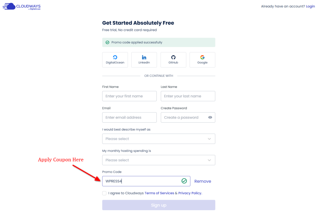 Cloudways Promo Code Applied