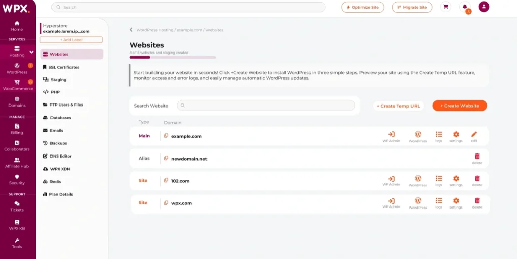 WPX Hosting Dashboard